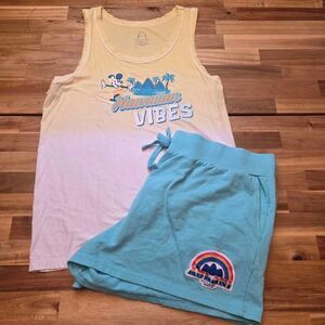 Disney Aulani Minnie Mouse Tank Top Shorts Set XL Yellow Blue Resort Outfit